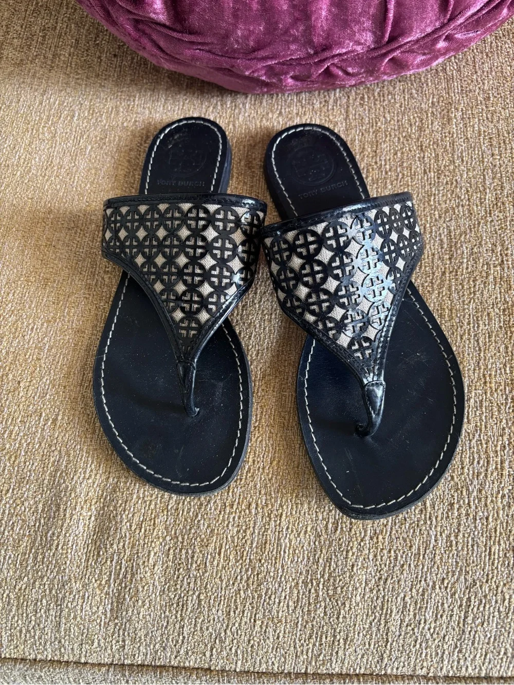 Tory Burch Navy blue and ivory thongs Laser-Cut Leather Toe-Post Sandals 8M